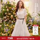 伊芙丽（eifini）【朱珠同款】伊芙丽100%苎麻短袖精致连衣裙赠腰带2026春季新款 本白色 S 95-110斤