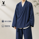 花花公子（PLAYBOY）春夏秋季中国风汉服男古风茶服禅意道士袍外套居士服七分袖衫长袍 深蓝色（七分袖上衣+裤子） L （120-135斤）