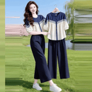 2026爆款夏季新款时尚套装女宽松遮肚显瘦复古短袖拼色衬衫阔腿裤 藏青色【品质套装】 XL 115-130斤