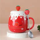 CRHMMFLF马克杯可爱草莓陶瓷杯子带盖勺网红男女学生大容量牛奶早餐杯 草莓杯+草莓盖+草莓勺子+吸管 大红蝴蝶结草莓B