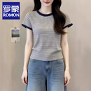 罗蒙（ROMON）韩系港风撞色条纹别致短袖T恤女夏季新款正肩袖修身显瘦短款上衣 条纹上衣 M 建议90-100斤