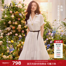 伊芙丽（eifini）【朱珠同款】伊芙丽100%苎麻短袖精致连衣裙赠腰带2026春季新款 本白色 S 95-110斤