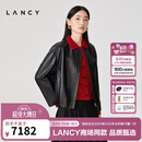 朗姿/LANCY2026春季新款气质简约羊皮革圆领抽褶皮衣夹克短外套女 夜幕黑色 2XL