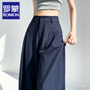 罗蒙（ROMON）冰丝棉麻阔腿裤女夏季薄款百搭高腰显瘦宽松直筒垂坠感拖地西装裤 藏青加长 S