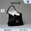 GROTTO个乐经典黑石hobo包大小号植鞣绵羊皮腋下单肩斜挎软包通勤礼物 经典黑 金标S
