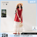 三彩【100棉】2026夏季新款镂空绣花小衫宽松系带娃娃衫上衣M 番茄红 S 155/80A