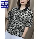 罗蒙（ROMON）2026夏洋气印花翻领蝙蝠袖遮肚衬衫中年妈妈宽松遮肉百搭短袖小衫 黑色小花 2XL (150-165斤)