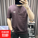 天丝棉麻短袖t恤男夏季新款高端休闲透气上衣半袖男士薄款体恤衫 紫色 M