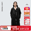 朗姿翻领长款修身双排扣仿皮衣复古摩登通勤外套新款冬衣女 夜幕黑色 M