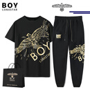 BOY BOY BOY潮牌水晶短袖男女夏季烫金老鹰翅膀情侣宽松休闲t恤卫裤套装 套装：黑色短袖+卫裤+手提袋 XS 90-120斤