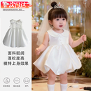 心楠儿童周岁衣服女宝花童礼服生日宴公主连衣裙秋季蓬蓬裙宝宝礼服 白色缎面无袖公主裙 90