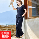 年轻妈妈洋气短袖T恤套装2026新款中老年女装夏季薄款透气两件套 藏青色 2XL  建议105-120斤