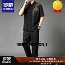 ROMON香云纱唐装男夏天短袖真丝桑蚕丝套装禅意佛系男装华服中国风上衣 黑色单龙刺绣套装（配松紧裤） L