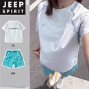 JEEP SPIRIT户外防晒速干衣短袖t恤男女款夏季运动套装大码健身服羽毛球上衣 速干运动套装奶蓝速干衣+湖蓝速干短裤 M