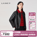 朗姿/LANCY2026春季新款气质简约羊皮革圆领抽褶皮衣夹克短外套女 夜幕黑色 2XL