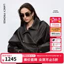 朗姿设计感时尚环保皮衣女纯色复古重工夹克外套冬季新款 深咖色 S