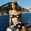 LIMONE2026新款原创印花波点系列方领环扣高腰分体泳衣海边度假游泳装 米白黑波点上衣 M