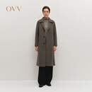 OVV女装针织翻领单排扣中长双面呢大衣 深摩卡 155/80A(S)