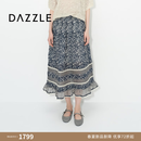 DAZZLE【新品上市】DAZZLE 地素2026年夏季A字轻薄木耳边下摆碎花半裙 深蓝色 S
