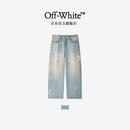 OFF-WHITE™夏季泼墨箭头刺绣轻奢潮牌牛仔裤男百搭高端复古做旧直筒长裤女 浅蓝色 M