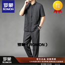 罗蒙香云纱唐装套装男夏季短袖真丝桑蚕丝绸莨绸男装中式禅服中国风 黑色套装（配系绳裤） L
