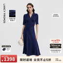 朗姿25莱赛尔V领收腰打揽短袖连衣裙泡泡袖长裙女2026年夏季新款 舰队蓝色 L
