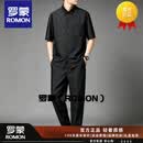 罗蒙香云纱衬衫男夏季短袖真丝桑蚕丝绸套装简约复古时尚翻领休闲衬衣 黑色套装（配系绳裤） L