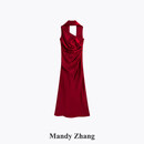 Mandy Zhang轻奢醋酸缎红色鱼尾连衣裙女夏季设计感飘带订婚礼服长裙子 晨曦玫瑰 S