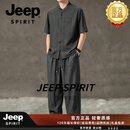JEEP SPIRIT香云纱中国风唐装男桑蚕丝复古中式茶服宽松短袖衬衫套装汉服上衣 黑色 M