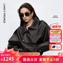 朗姿设计感时尚环保皮衣女纯色复古重工夹克外套冬季新款 深咖色 S