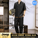 JEEP SPIRIT男士短袖唐装套装夏季薄款中国风男装古风汉服男中年休闲衣服 黑色 M 【100-120斤穿】