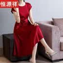 恒源祥连衣裙女装2026新款中年妈妈夏装收腰气质轻奢信息显瘦纯色裙子 酒红色 L