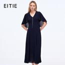爱特爱（EITIE）时尚飘逸披肩飞袖显瘦V领晚礼服2026夏季新款宴会连衣裙8377001 深海蓝31 2XL (175)