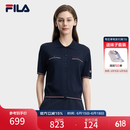 FILA 斐乐官方女子编织衫2026夏季新款基础百搭短装休闲短袖上衣 藏烟蓝-DB XL 175/92A/XL