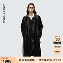 朗姿翻领长款修身双排扣仿皮衣复古摩登外套