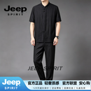 JEEP SPIRIT中国风真丝短袖香云纱唐装套装男士复古风中式衬衫休闲宽松汉服 黑色1 M