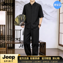 JEEP SPIRIT唐装男夏季短袖套装中国风男装复古风男薄款休闲运动套装 黑色 M 【100-120斤穿】