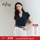 伊芙丽秦岚代言26夏季新款女装V领Polo上衣高弹修身插肩短袖T恤 藏青 M