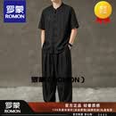 罗蒙重磅香云纱龟裂纹中国风唐装男中式茶服汉服桑蚕丝短袖套装太极服 套装 L 170
