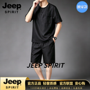 JEEP SPIRIT唐装中国风男装男士夏季短袖T恤套装休闲运动宽松大码男 黑色 L 【120-145斤穿】