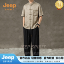 JEEP SPIRIT唐装男中国风套装短袖衬衫男复古风衬衣中式盘扣半袖上衣 深卡其色 S 160-170斤