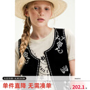 ELLE KIDS夏季女童假日风短款H版圆领仿手绣亚麻莱赛尔撞色休闲马甲上衣