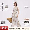 朗姿亚麻V领印花收腰无袖吊带连衣裙法式背心裙2026年夏季新款 本白色 L