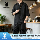 花花公子（PLAYBOY）高档重磅真丝香云纱龟裂纹复古中式男士唐装套装短袖中老年装夏季 黑色 M (39) 90-115斤
