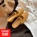 夏季复古编织镂空方头一字带单鞋粗很凉拖穆勒半拖鞋女34689 黄色(现货) 37