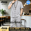 JEEP SPIRIT唐装男中国风套装短袖夏季薄款复古风男装半袖中式男衣服 灰色 XL 【145-160斤穿】