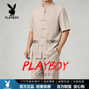 花花公子（PLAYBOY）唐装男中老年爸爸装老人短袖套装中国风男装老年人衣服爷爷夏装 杏色 L 建议120-130斤