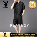 花花公子（PLAYBOY）夏季短袖唐装男香云纱套装中国风男装复古风中式衬衫汉服 黑色短裤套装 M 110-140