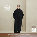 鄂尔多斯1980赵丽颖同款秋冬西装领系带简约通勤长款女纯羊绒大衣 黑 XL 170/92A