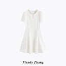 Mandy Zhang白色千金风重工镶钻小香风连衣裙女夏季新款水滴领气质礼服裙 鎏光白-短袖短款 M